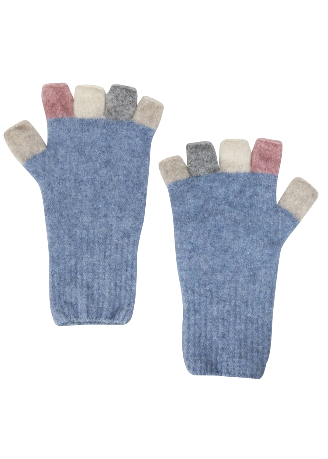 Pair of blue fingerless gloves with multicolored tips on a white background