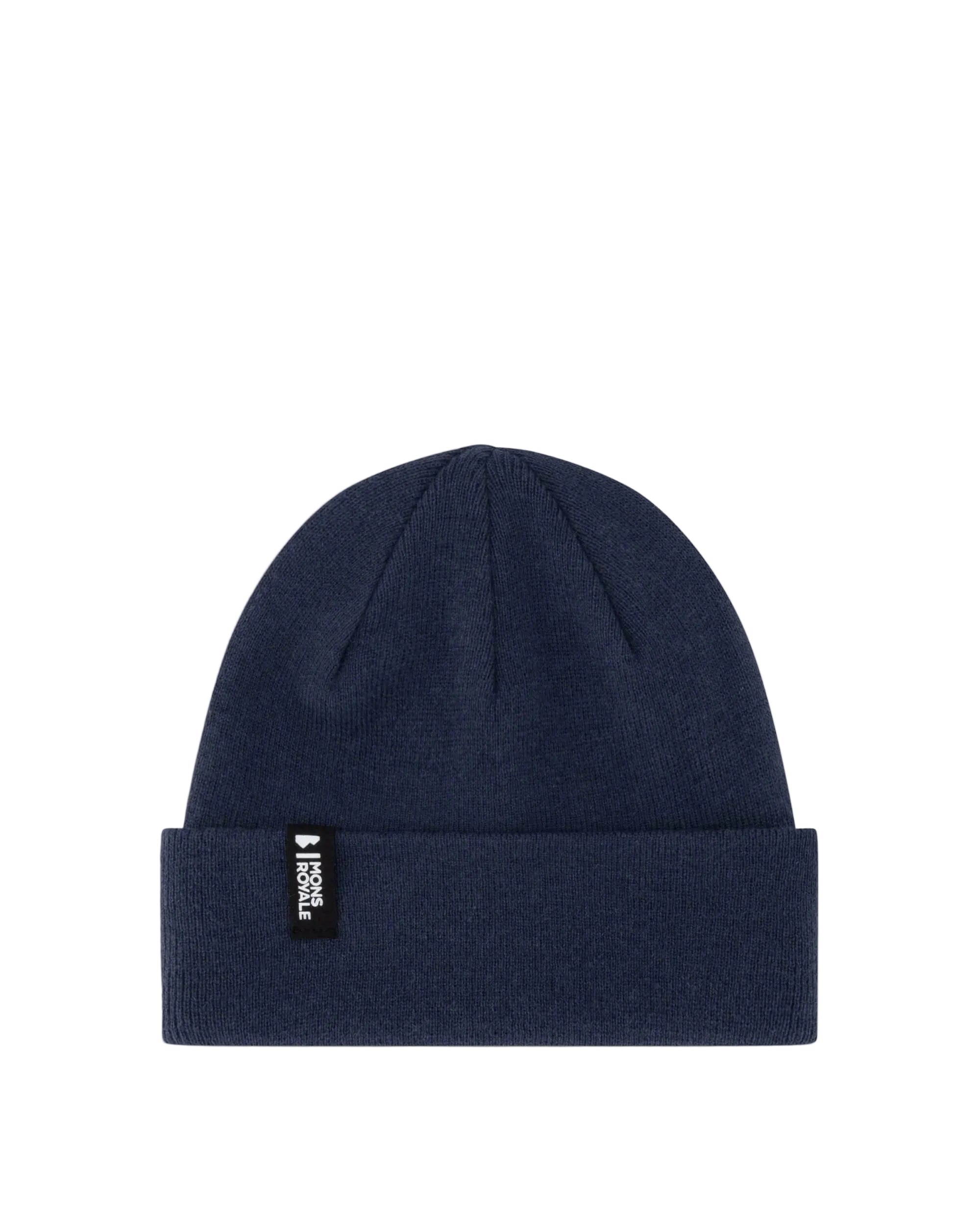 Navy blue beanie with a brand label on a light gray background