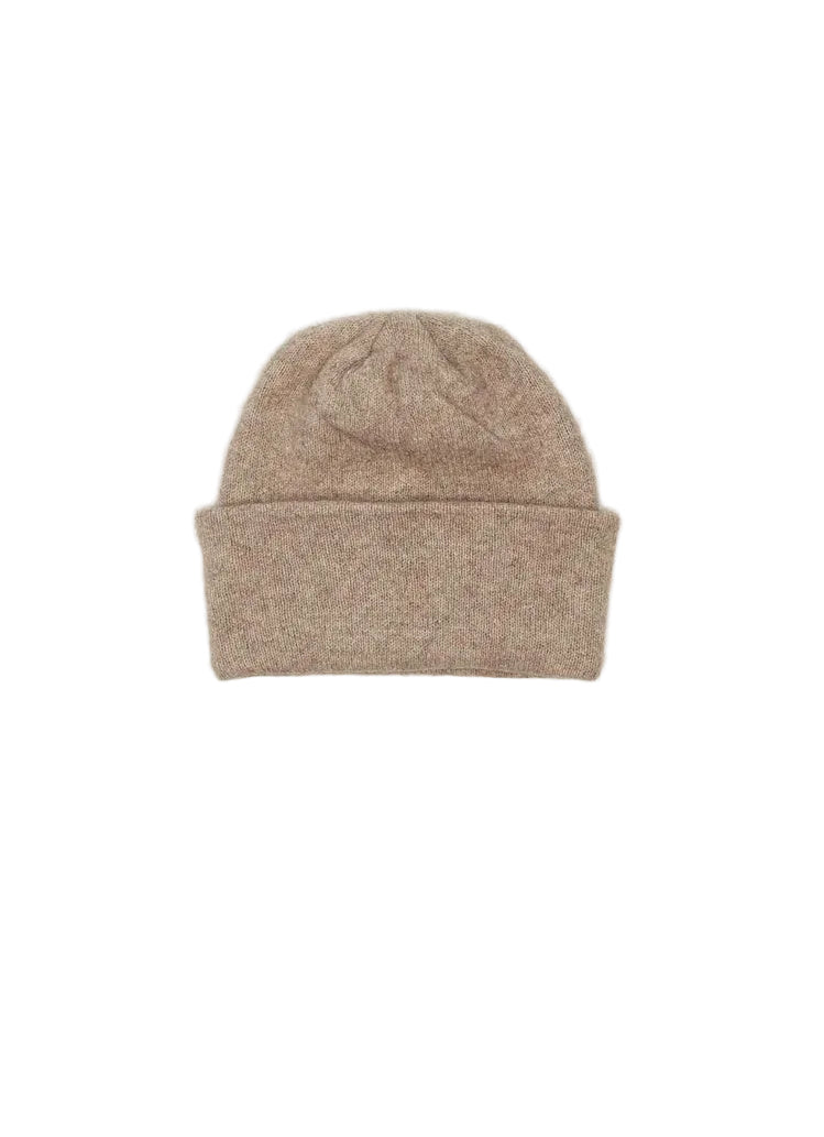 Beige knit beanie on a white background