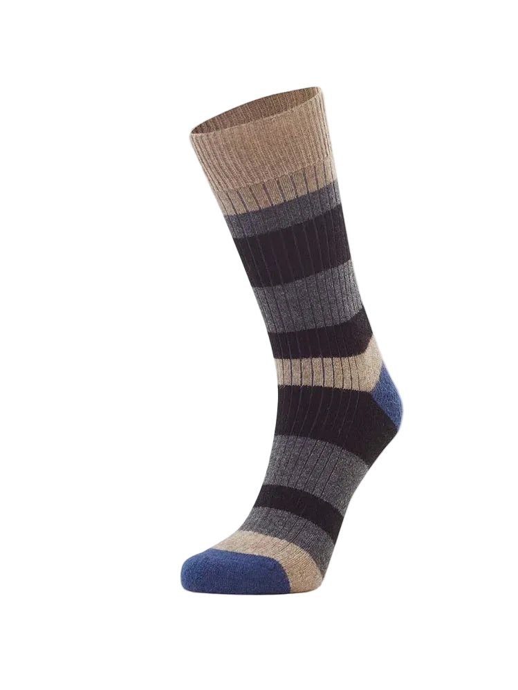 Striped sock with brown, gray, and blue colors on a light gray background
