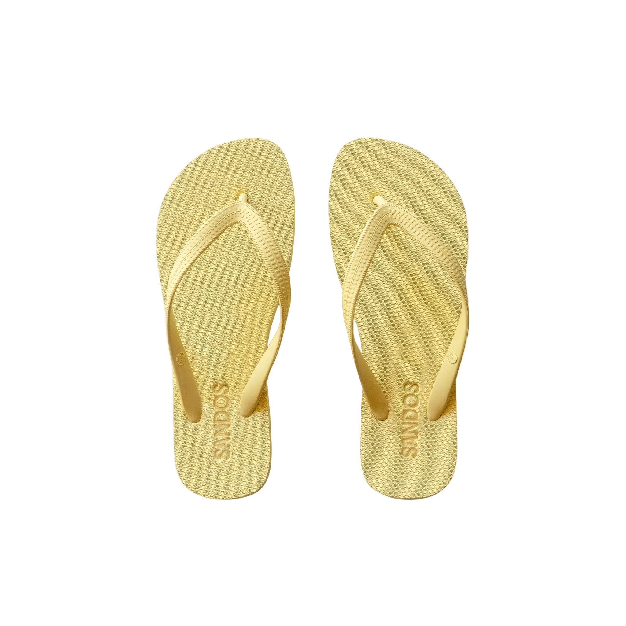 Pair of yellow flip-flops on a light gray background