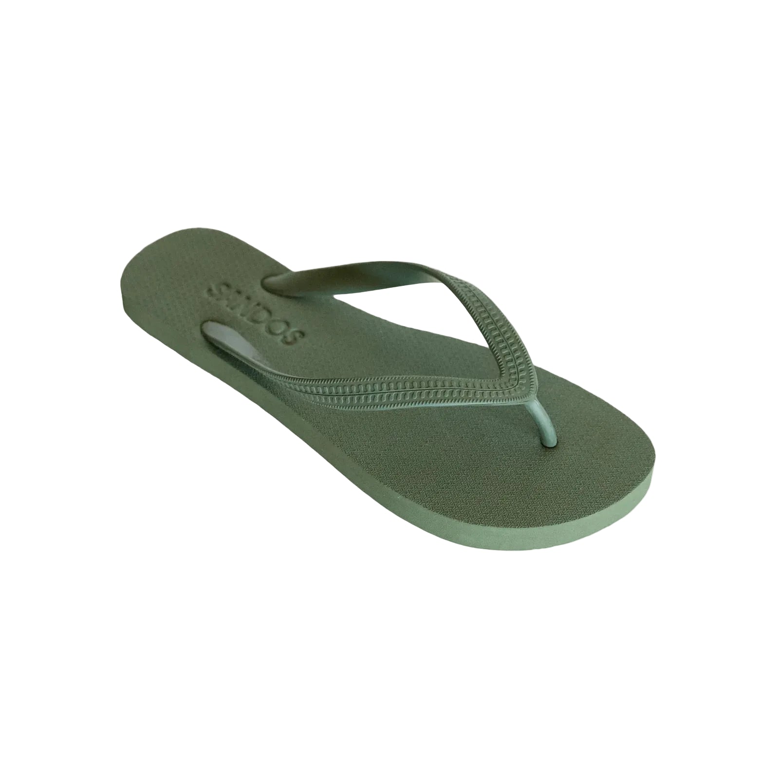 Green flip-flop sandal on a light beige background