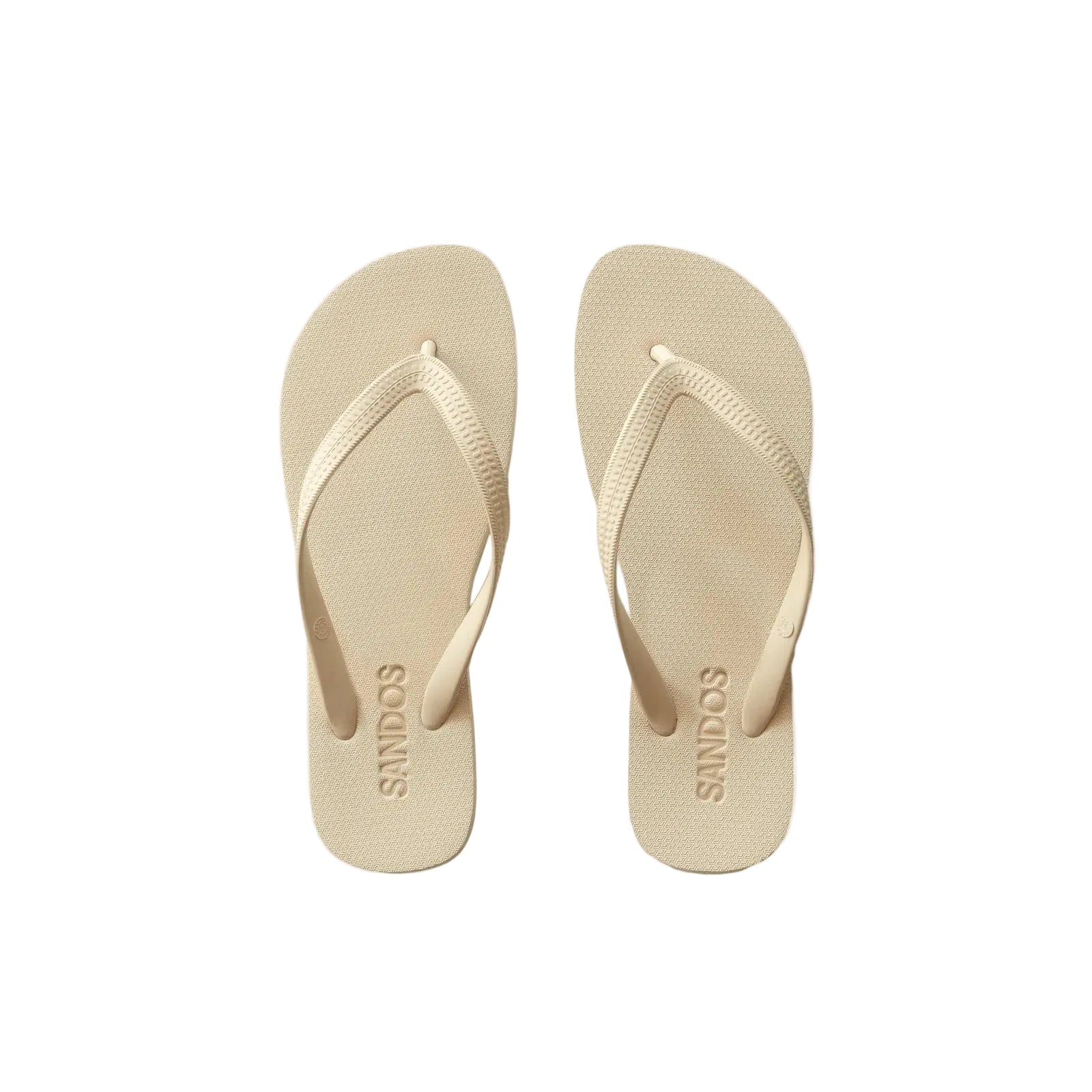 Beige flip-flops with 'SANDOS' branding on a light beige background