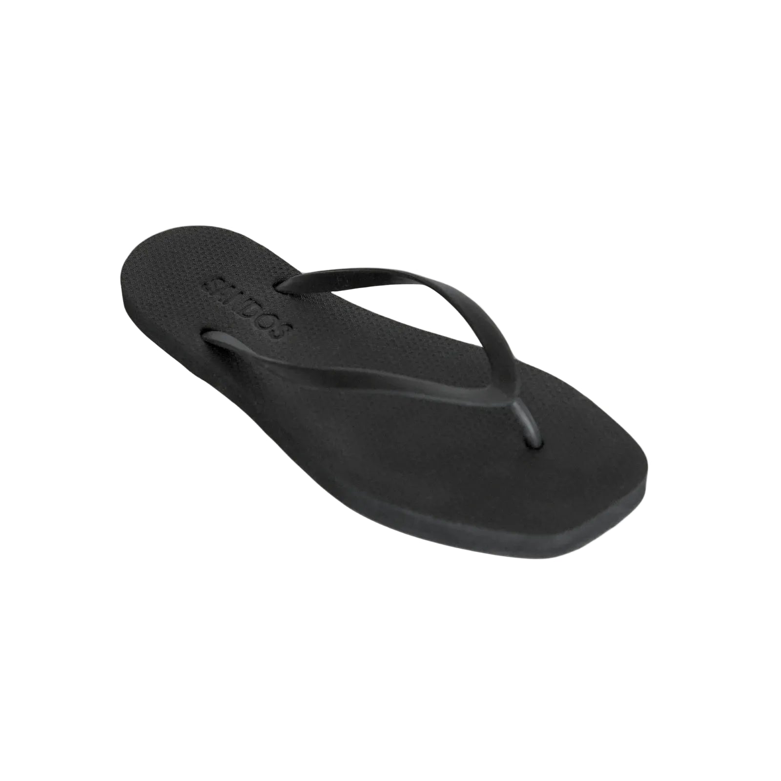 Black sandal with Sandos branding on a light beige background