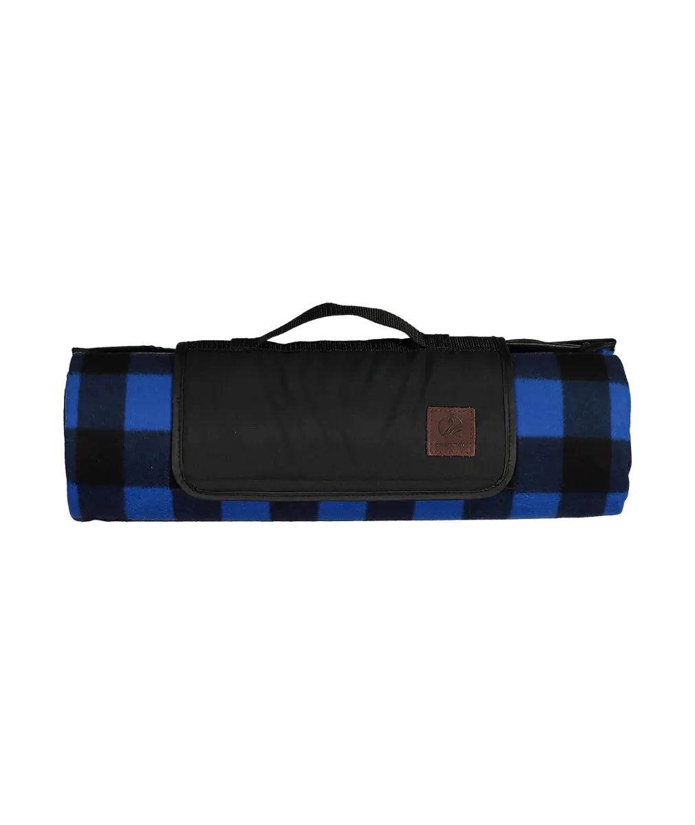 Roll-up picnic blanket with blue and black checkered pattern on a white background