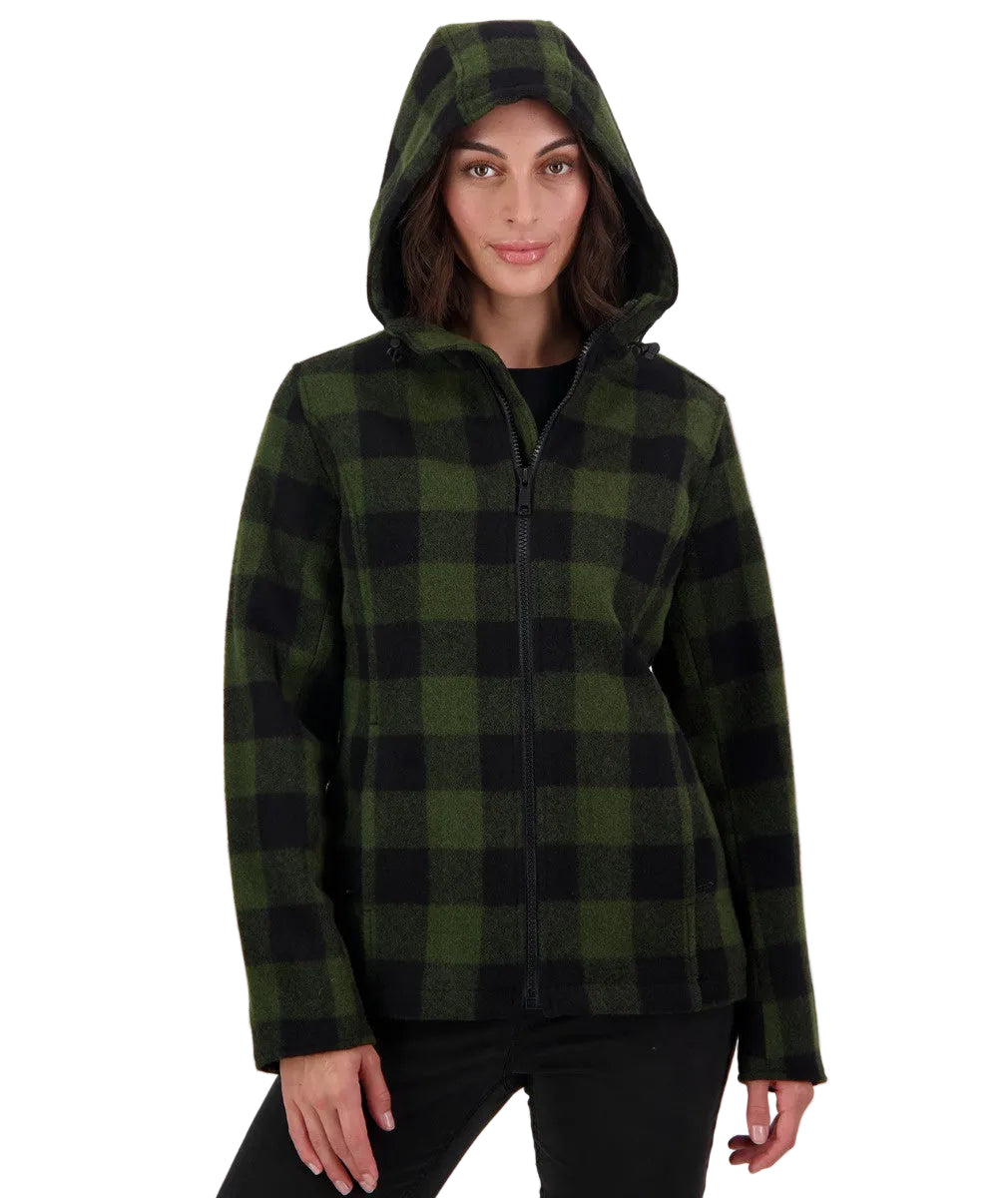 Woman wearing a green and black checkered hooded jacket on a white background