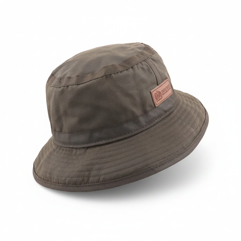 Brown bucket hat with a visible brand logo on a white background