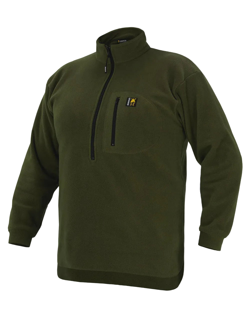 Green fleece pullover with a brand logo on a white background