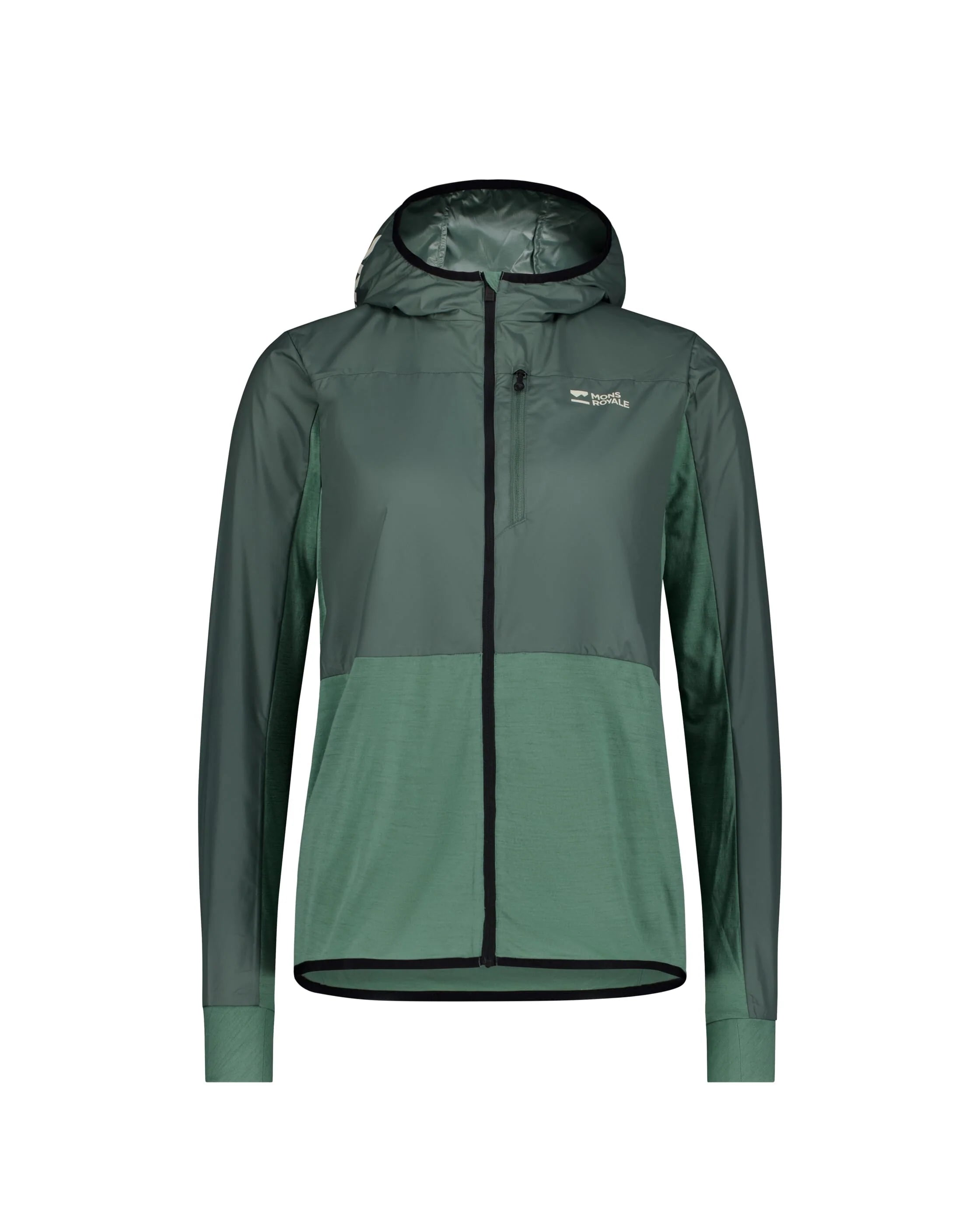 Green jacket with a hood on a white background