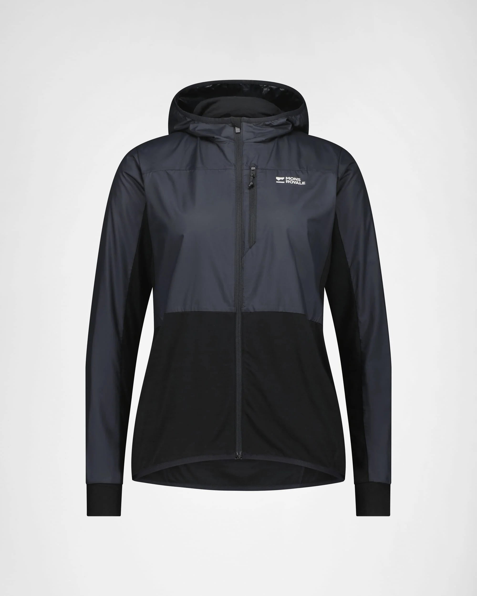 Two-tone black and gray jacket with a brand logo on a light gray background