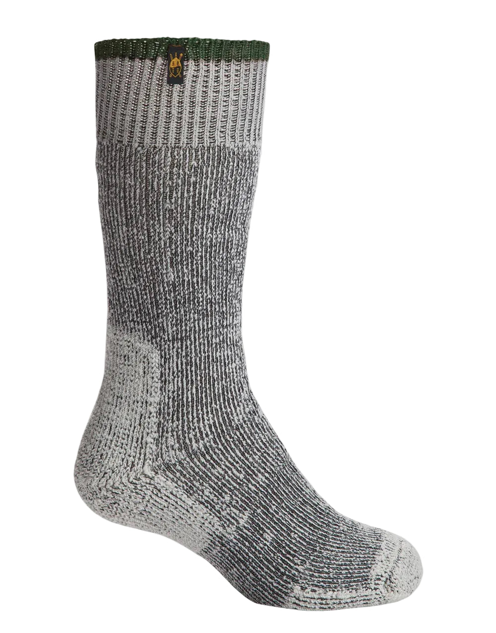 Gray and black sock with a brand logo on a light gray background