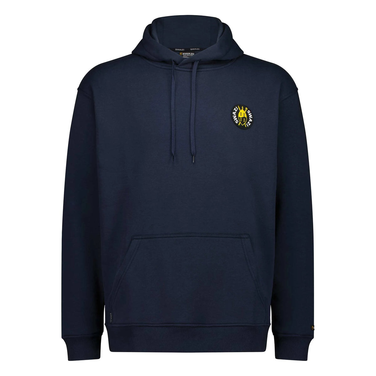 A navy blue pullover hoodie with a drawstring hood, kangaroo pocket, and a small yellow and white circular crest logo on the left chest, displayed on a solid white background.