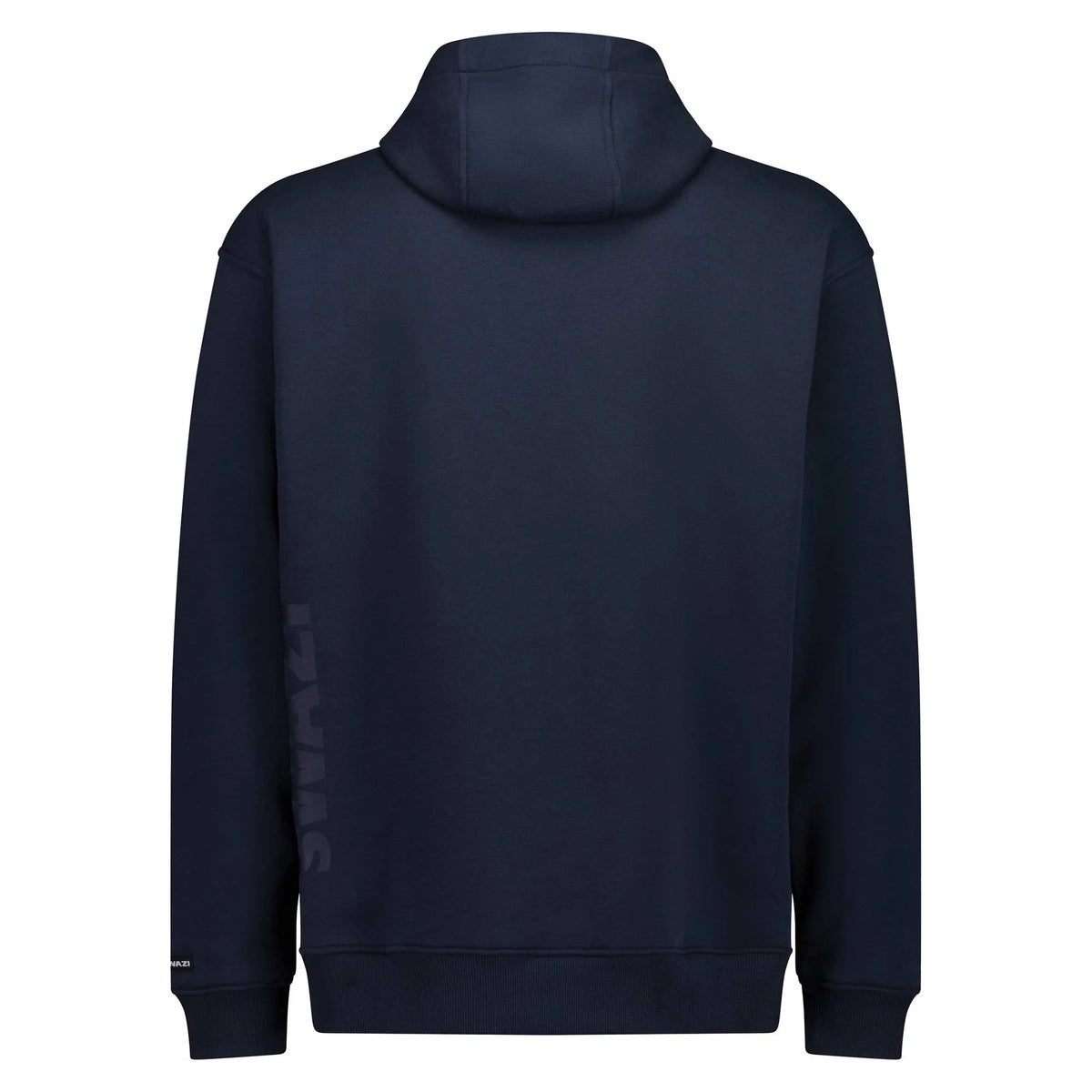 A dark navy blue hooded sweatshirt shown from the back, featuring a subtle vertical 'SWAMI' brand logo printed in tonal dark gray on the left sleeve, set against a plain white background.