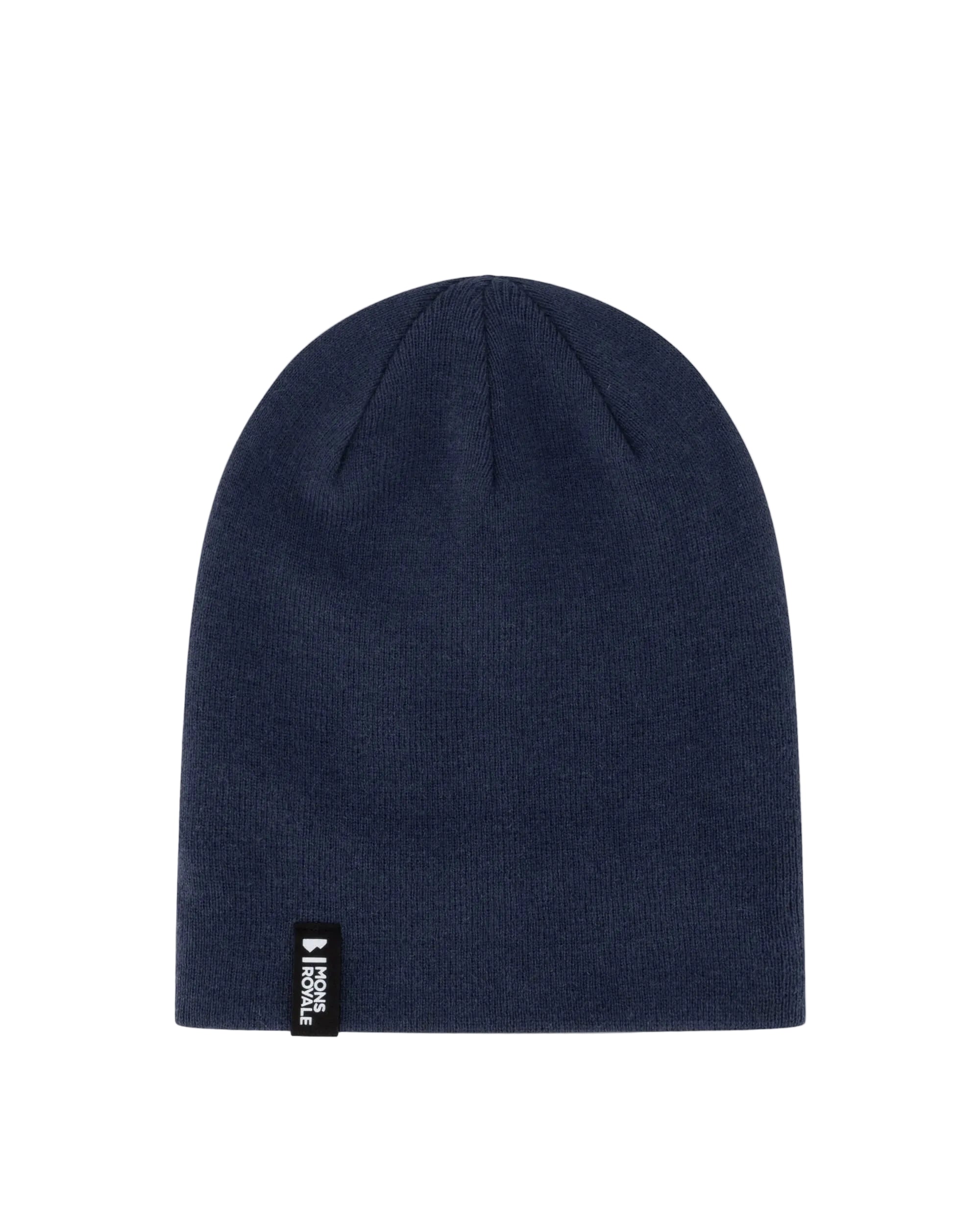 Navy blue beanie with a brand logo on a light gray background