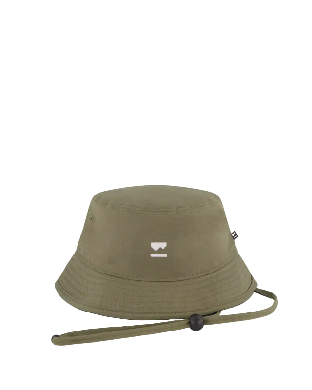 Green bucket hat with a strap on a light gray background