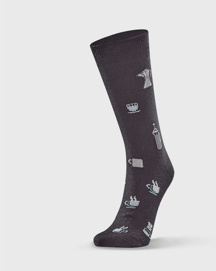 Black sock with white coffee-themed illustrations on a light gray background
