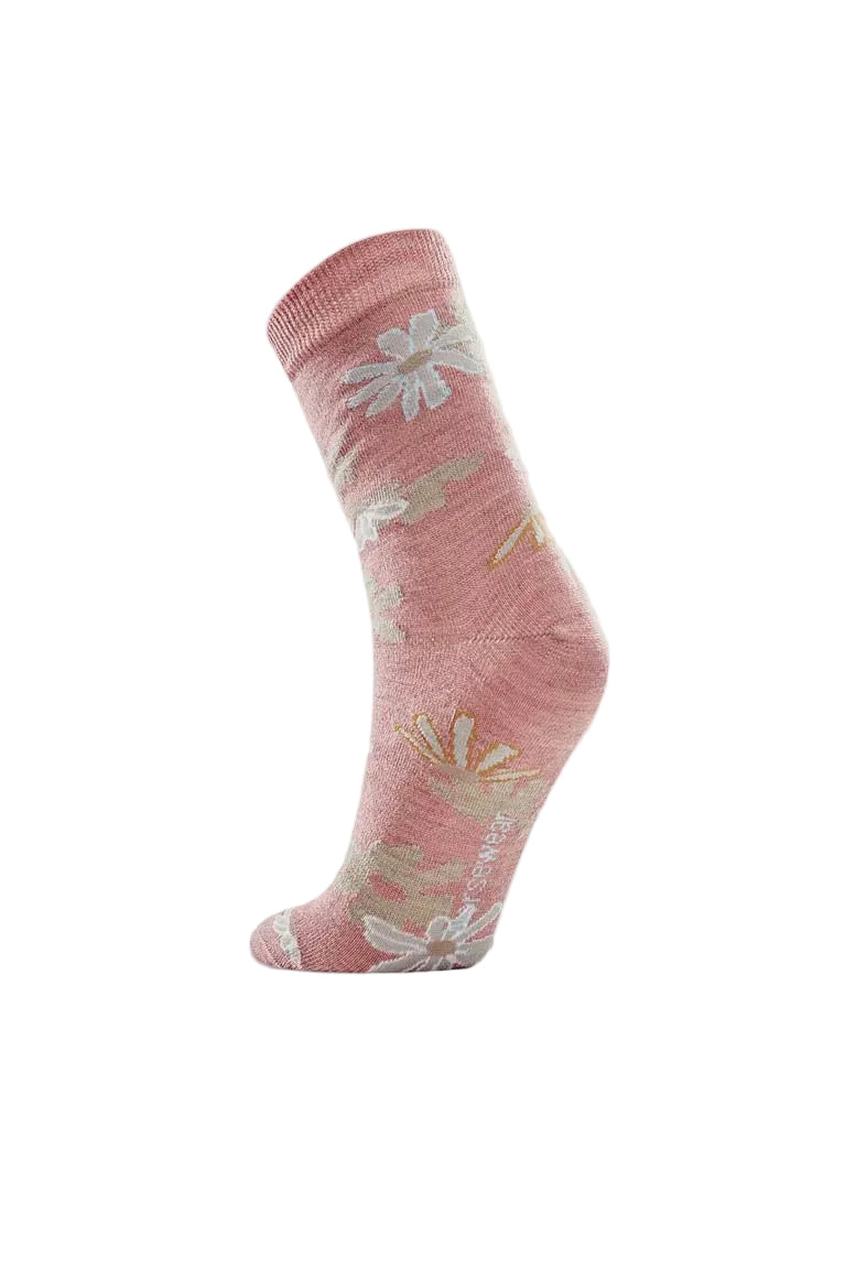 Pink sock with floral patterns on a white background