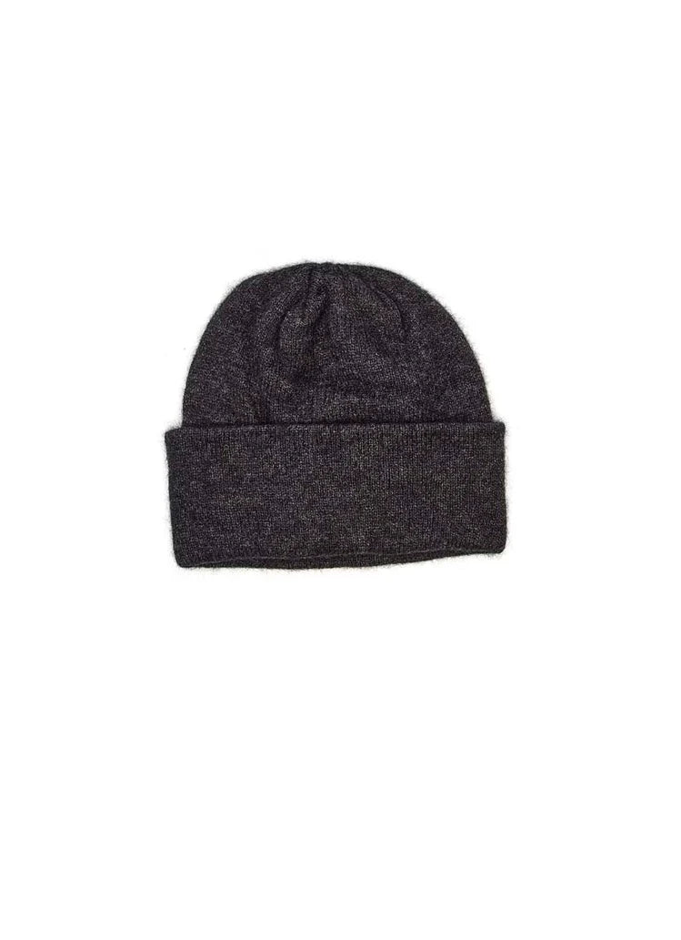 Dark gray knit beanie on a white background