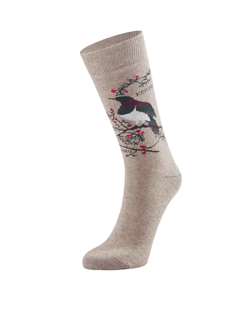Beige sock with bird design on a white background