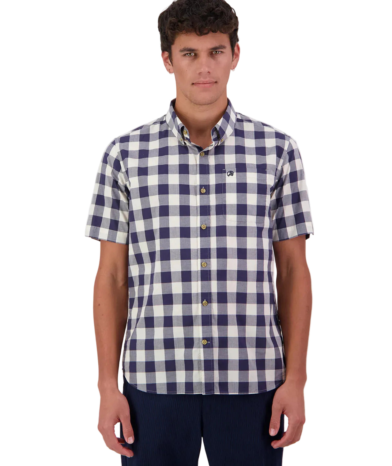 Man wearing a blue and white checkered shirt on a white background