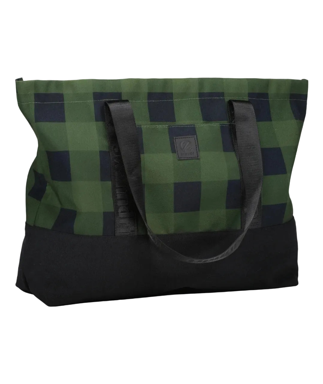 A large tote bag featuring a green and black buffalo check pattern on the upper half and a solid black bottom base, with matching black webbing handles.