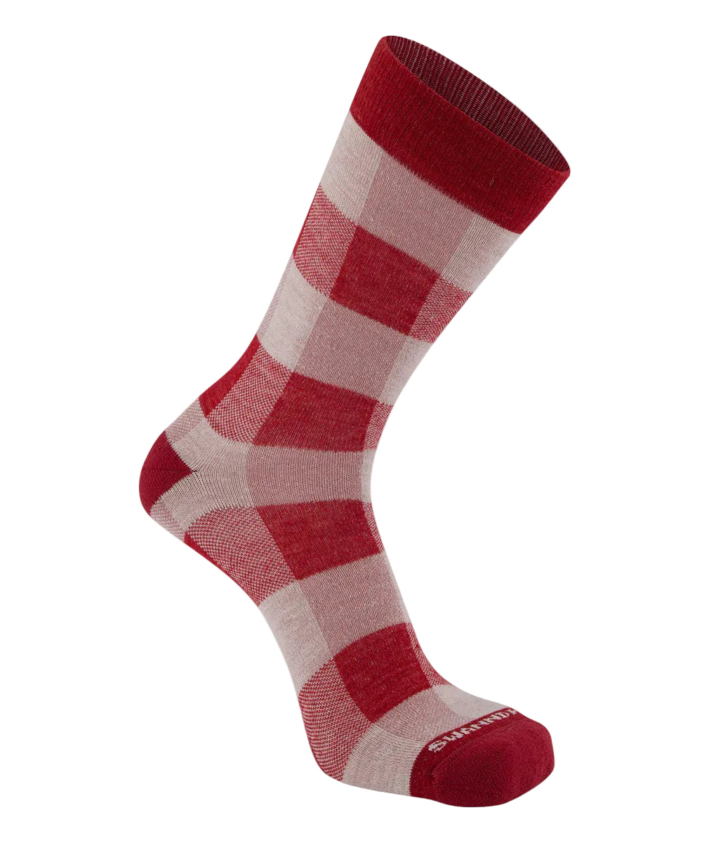 Red and beige checkered sock on a white background