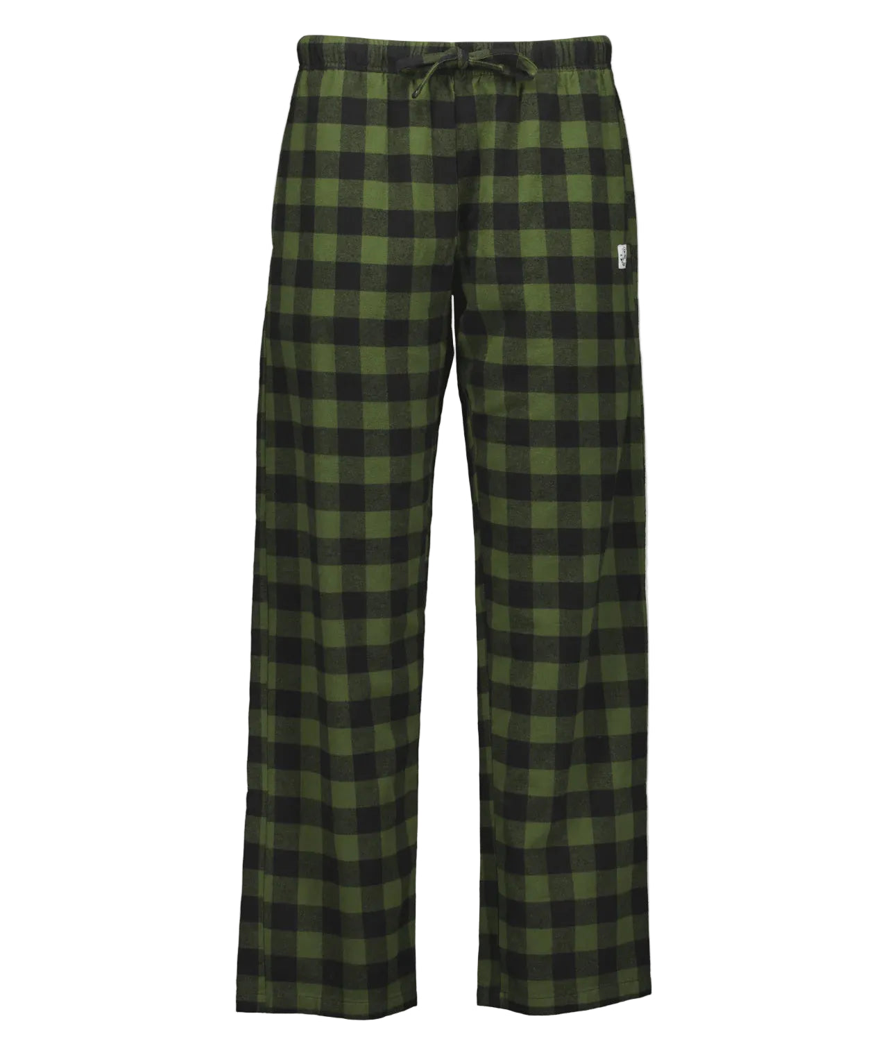 Green and black plaid pajama pants on a white background