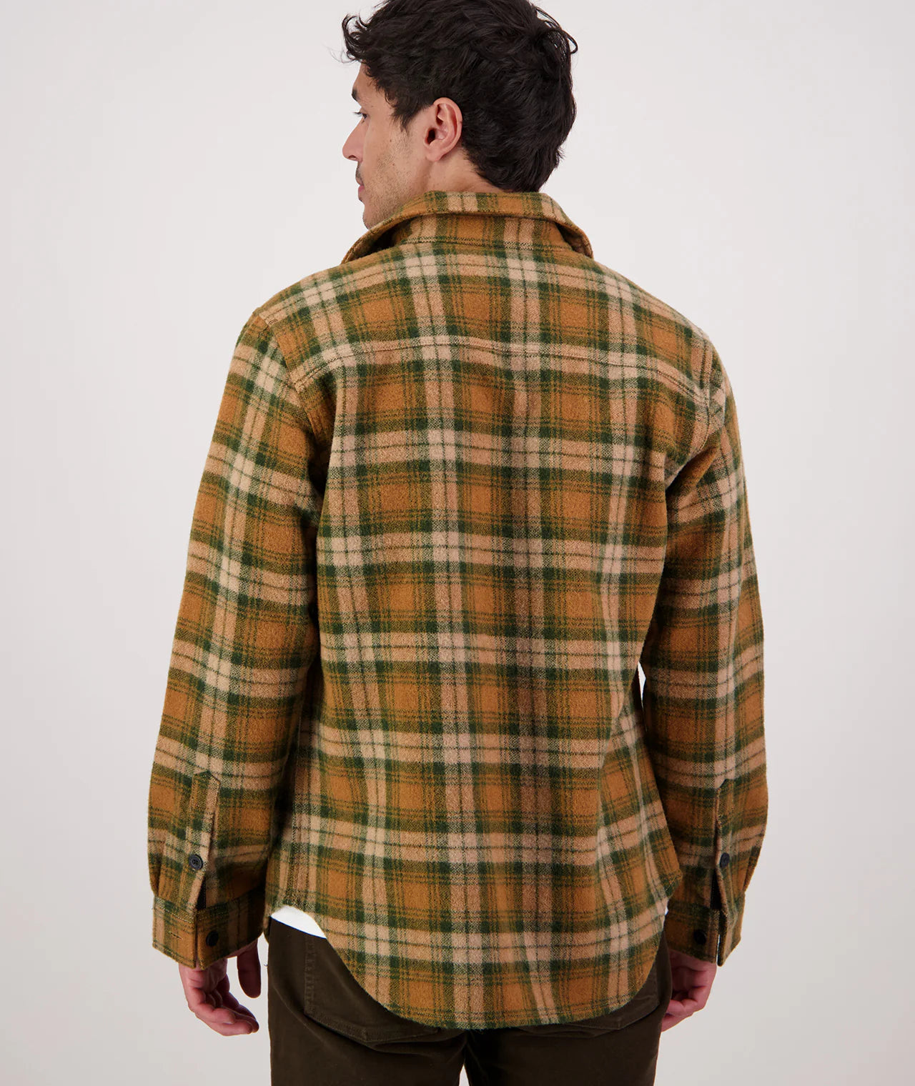 Person wearing a plaid shirt with a white background