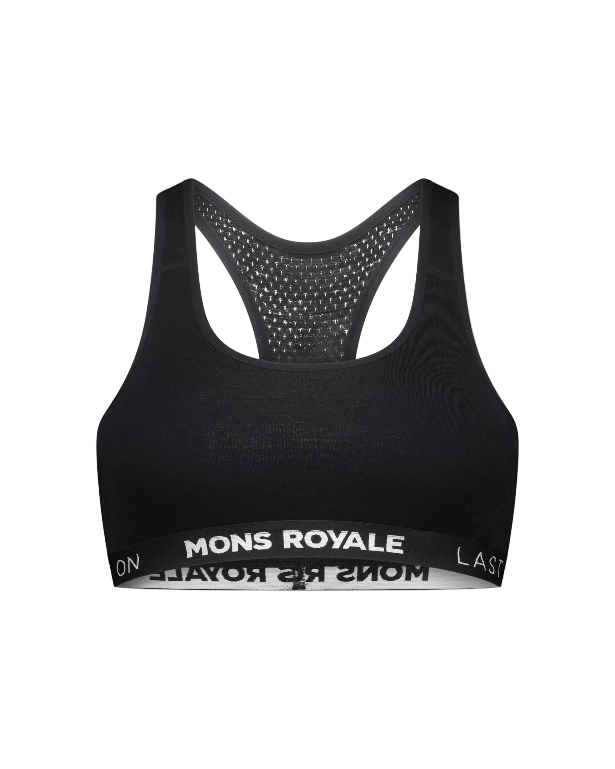 Black sports bra with 'Mons Royale' branding on a light gray background