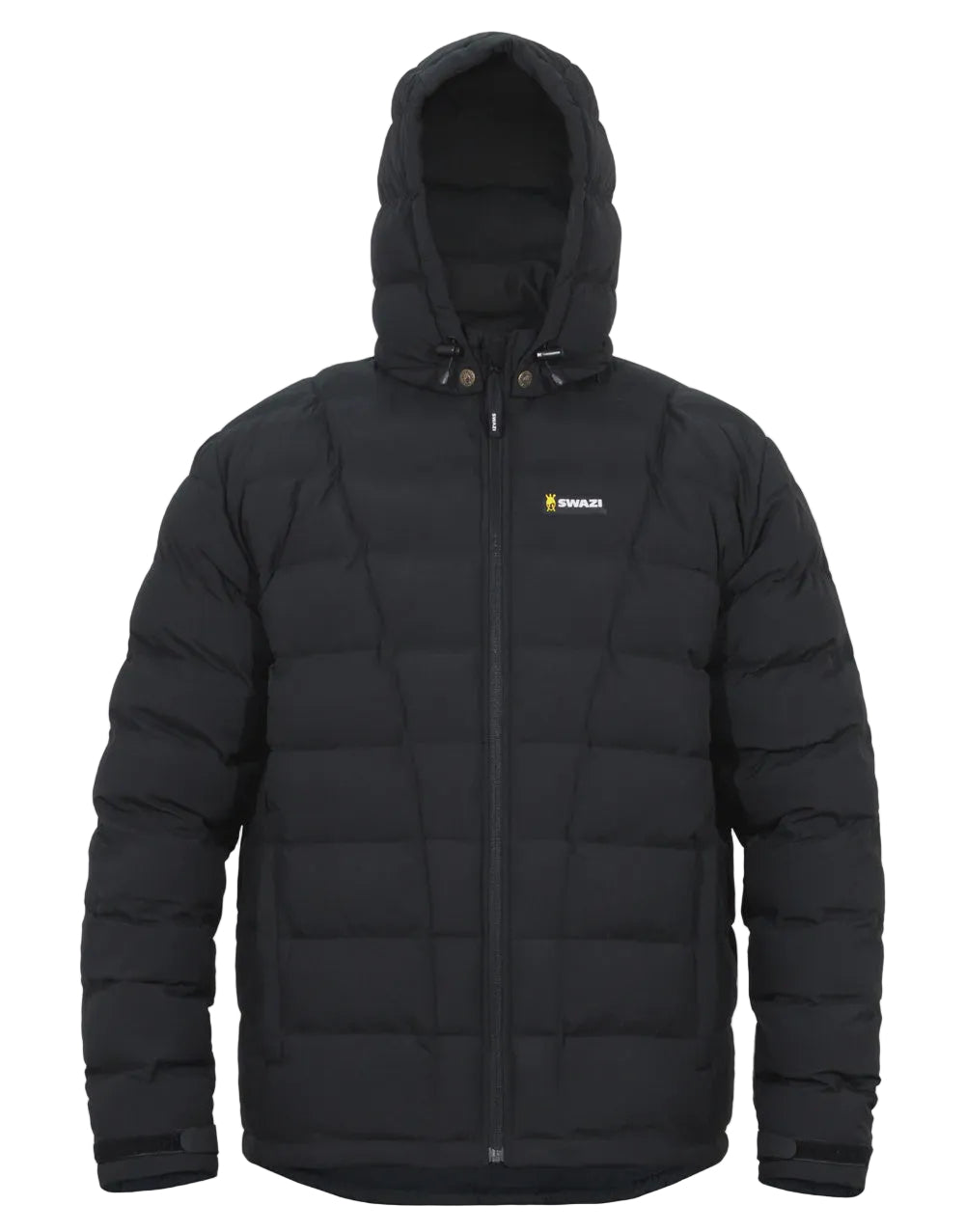 Black puffer jacket with a brand logo on a light gray background