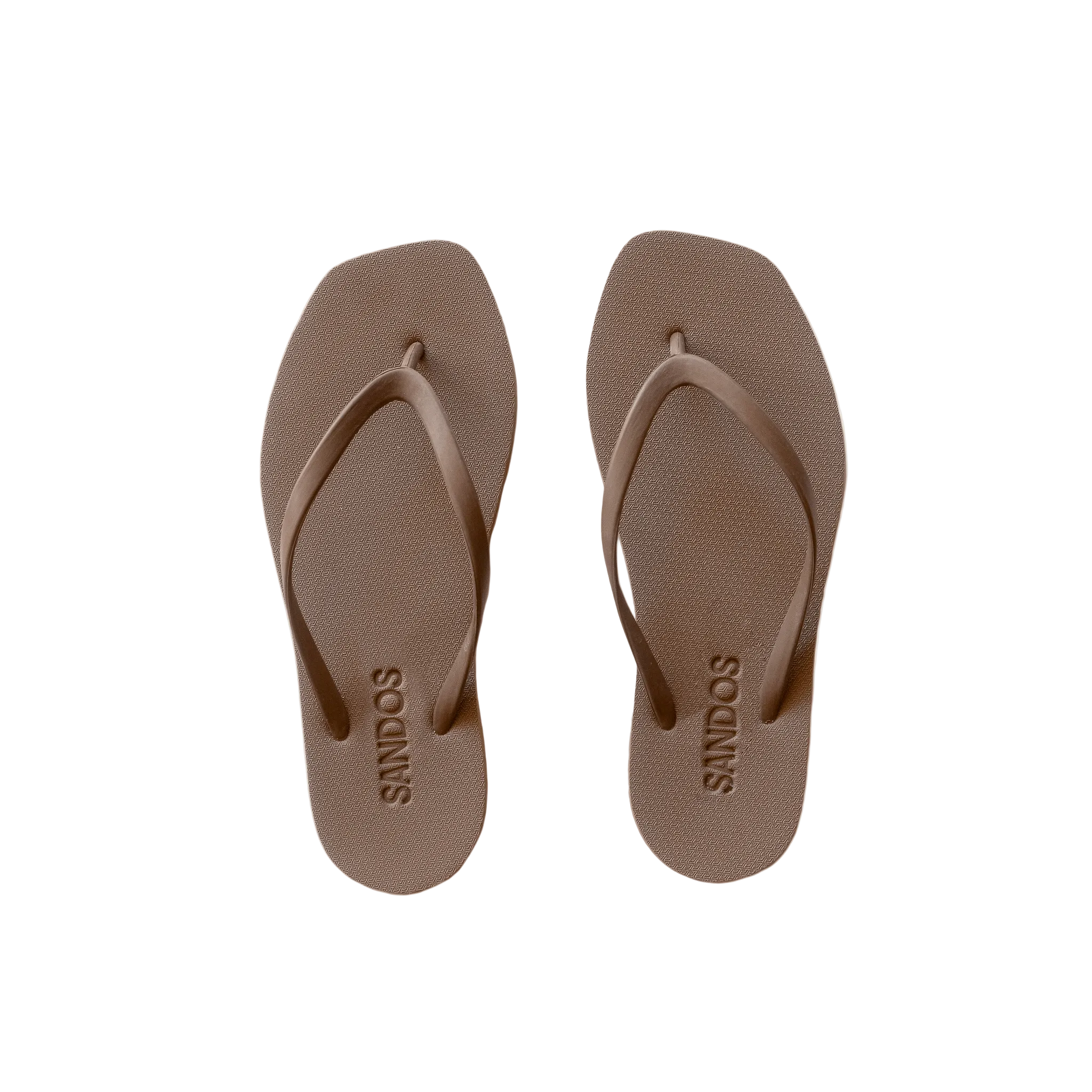 Pair of brown sandals with 'SANDOS' branding on a beige background