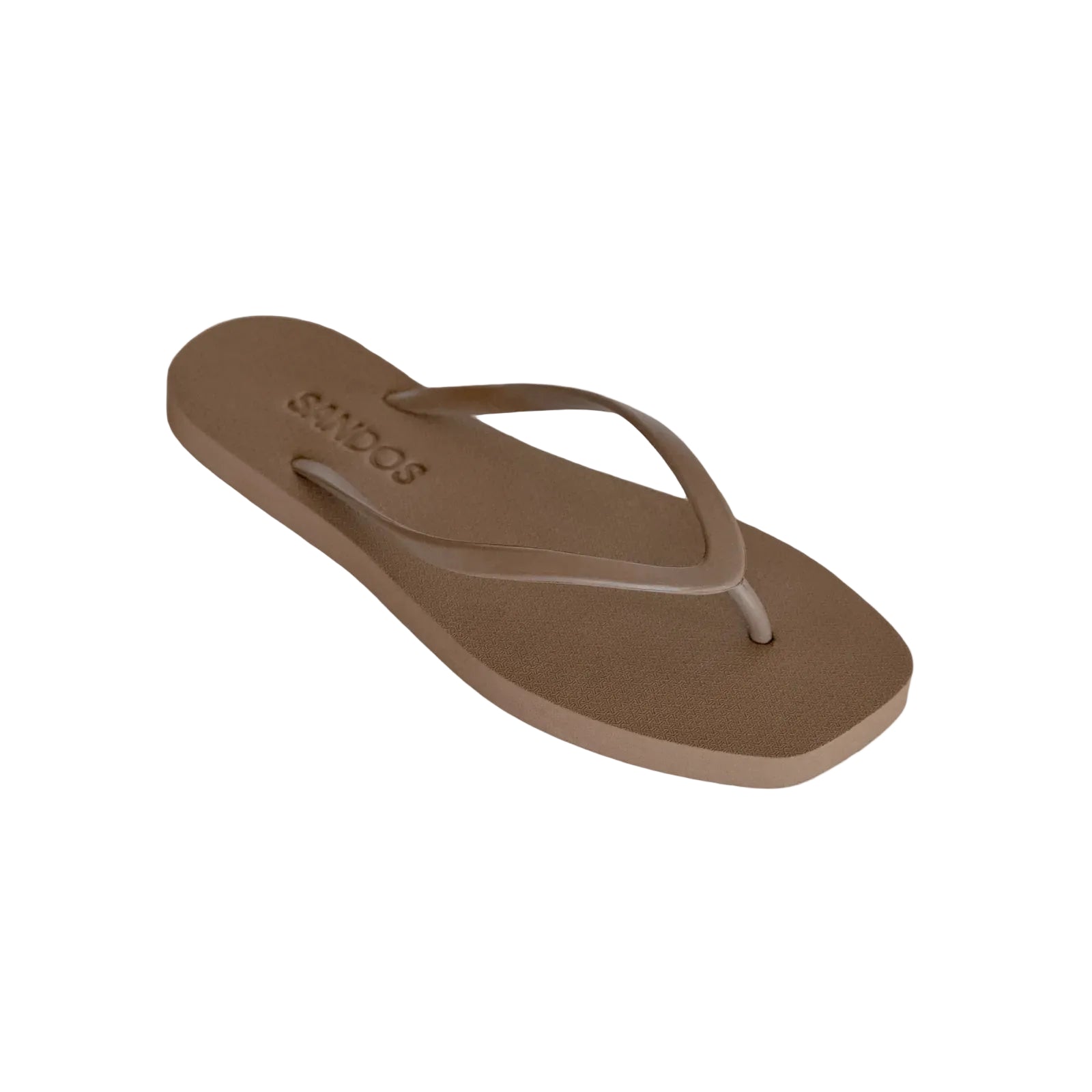 Brown sandal with 'SANDOS' branding on a beige background