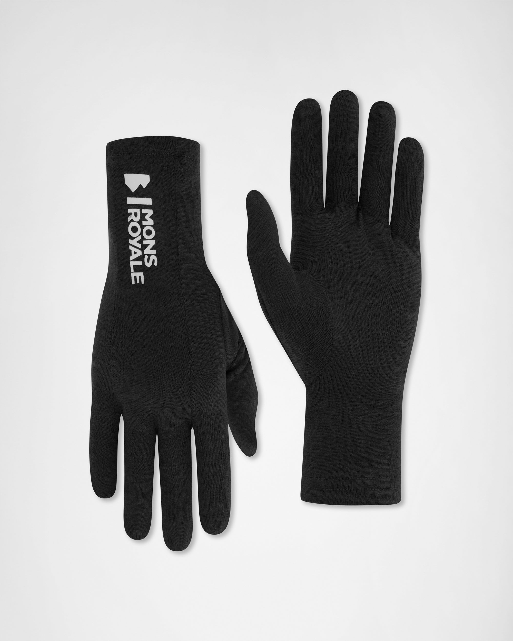 Black gloves with a brand logo on a white background
