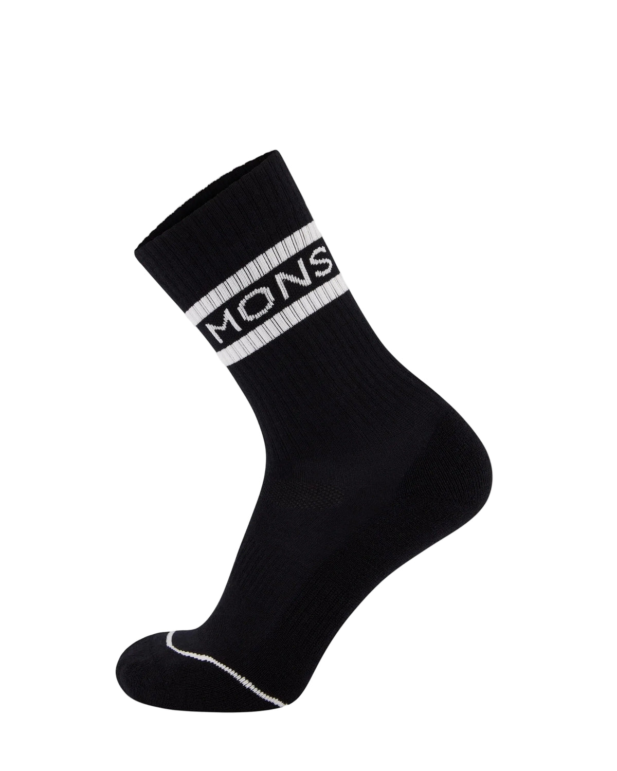 Black sock with white Mons Royale logo on a light gray background