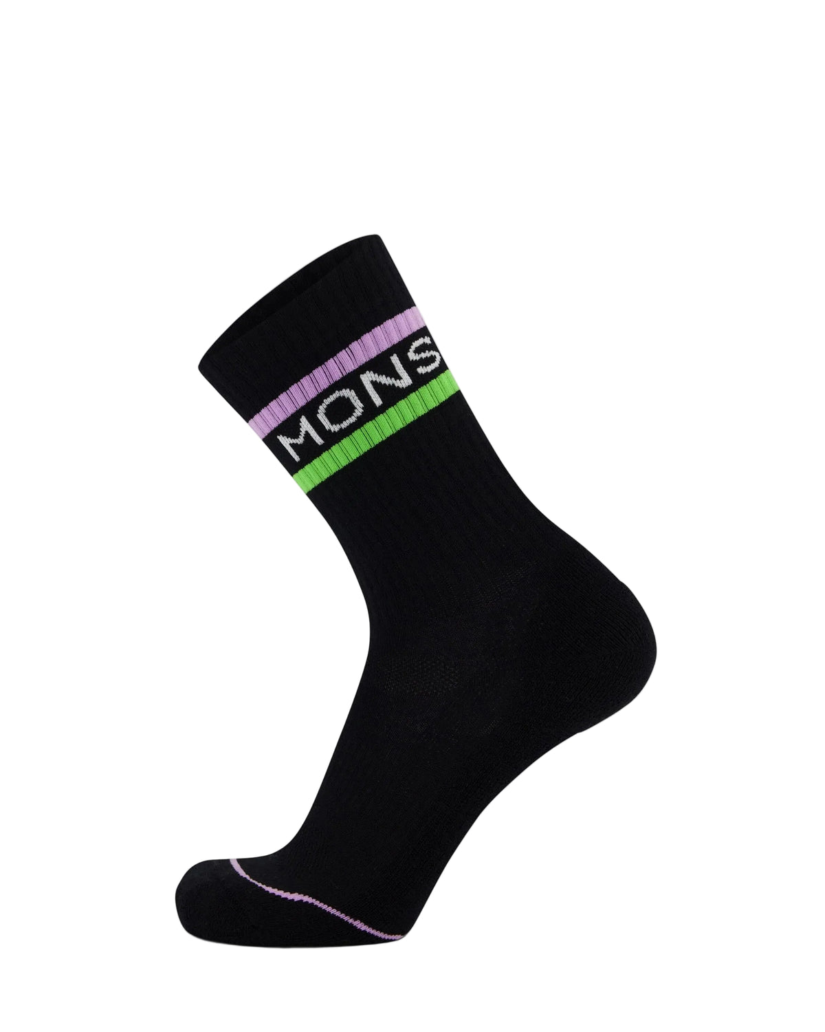 Black sock with colorful bands on a light gray background