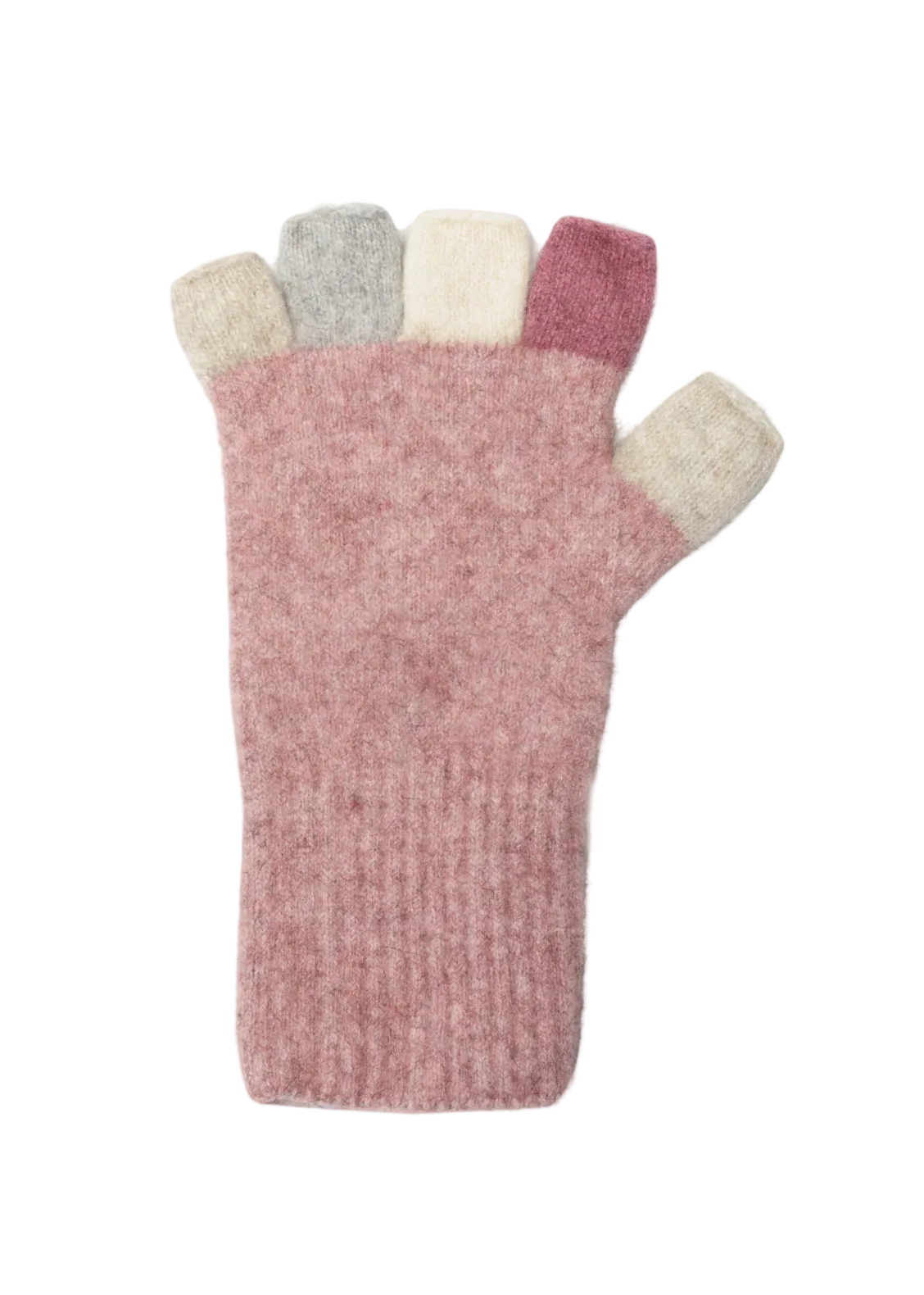 Pink knit fingerless glove with colorful tips on a white background