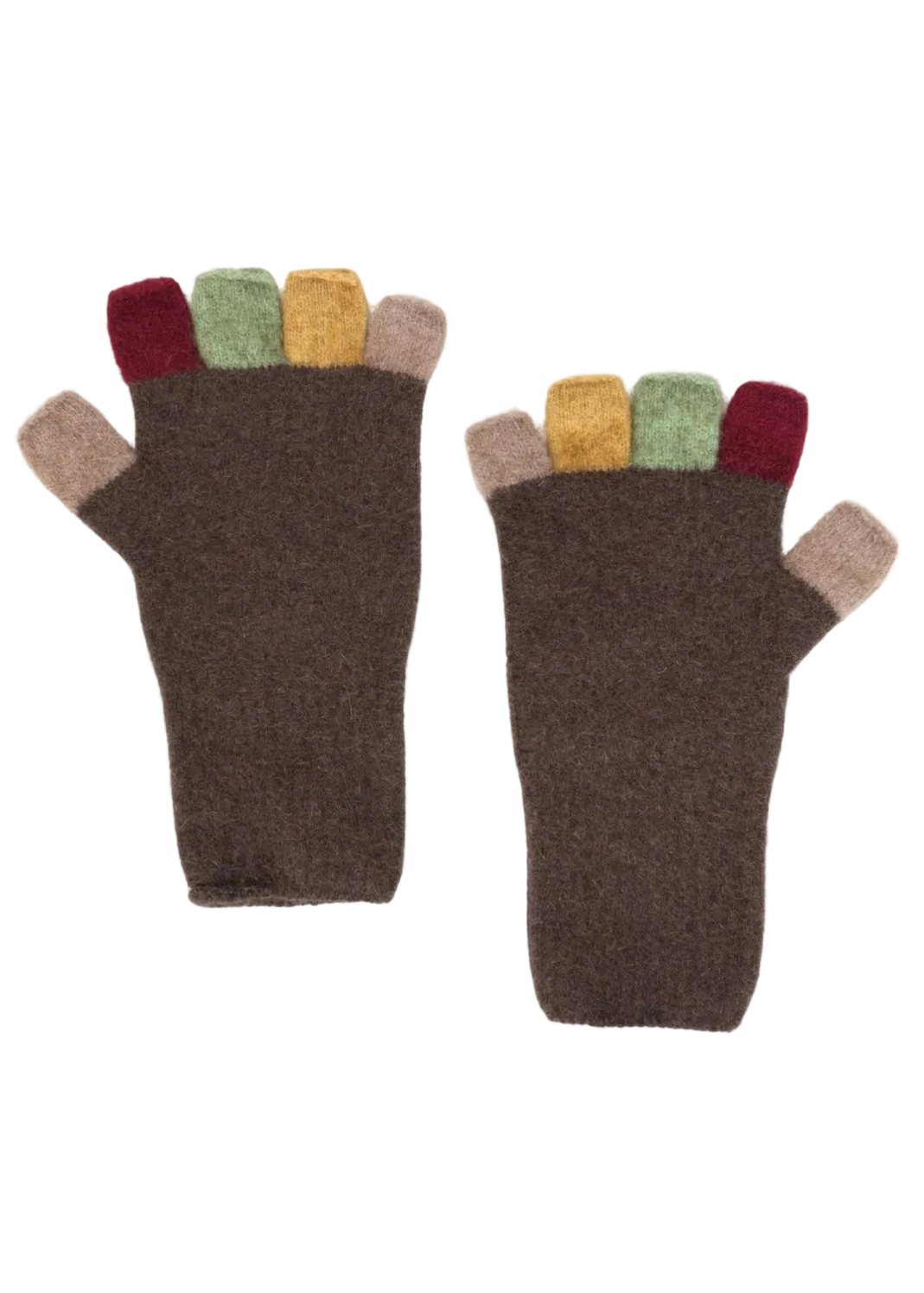 Pair of brown fingerless gloves with multicolored tips on a white background