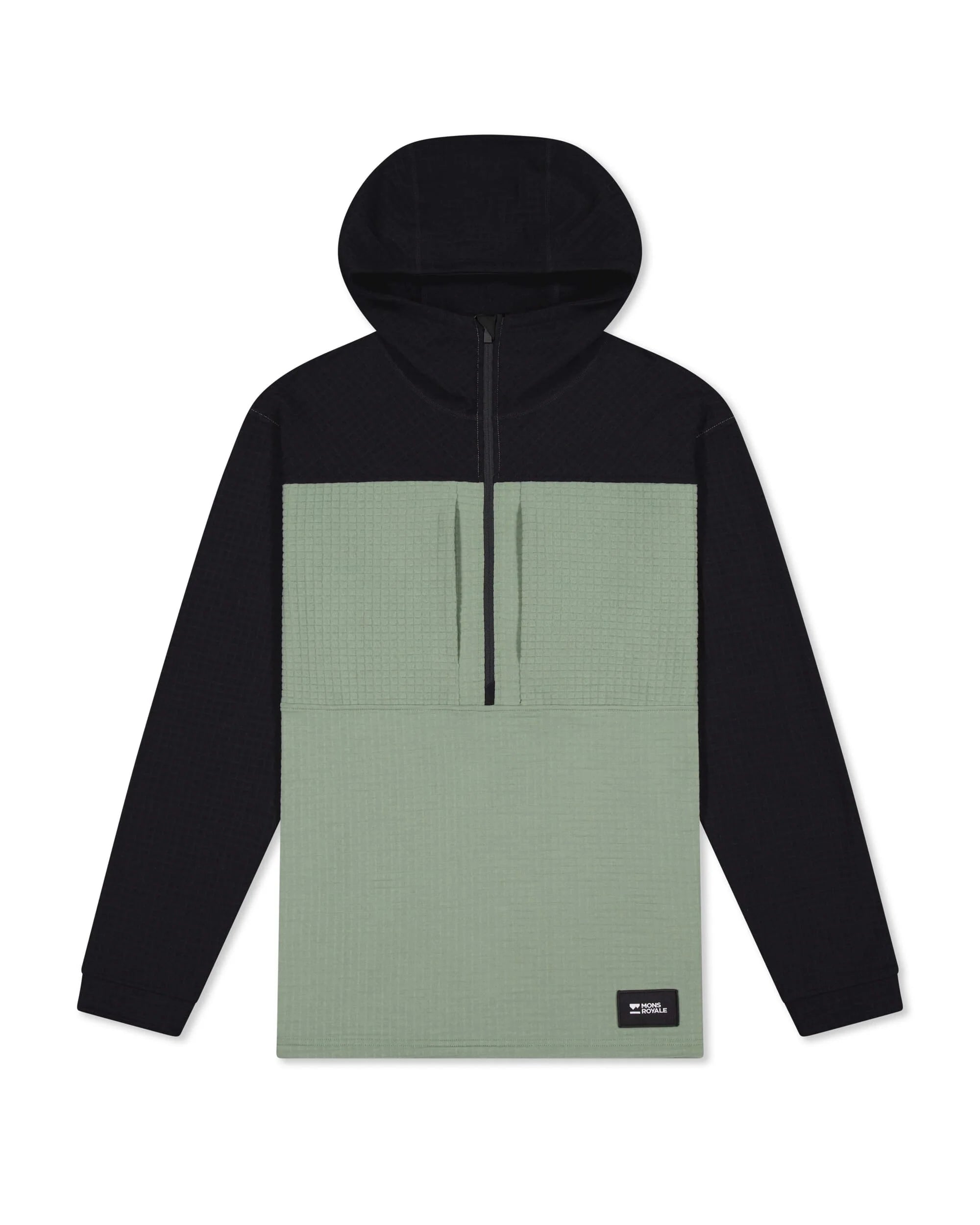Hoodie with black top and green bottom on a white background