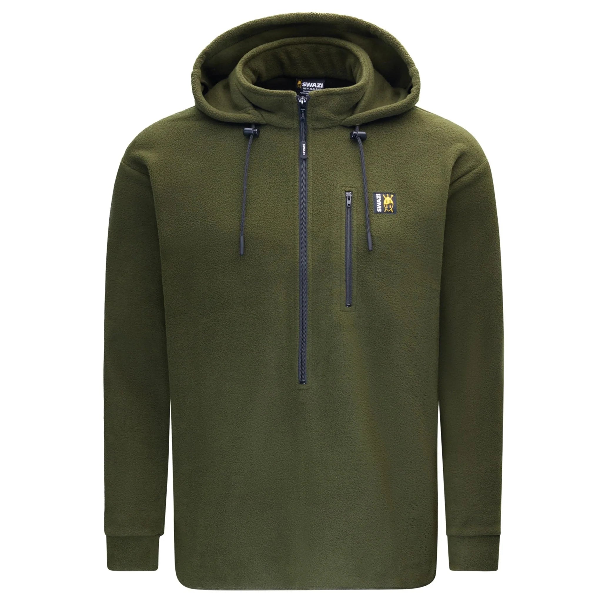 Green hoodie with a brand logo on a white background