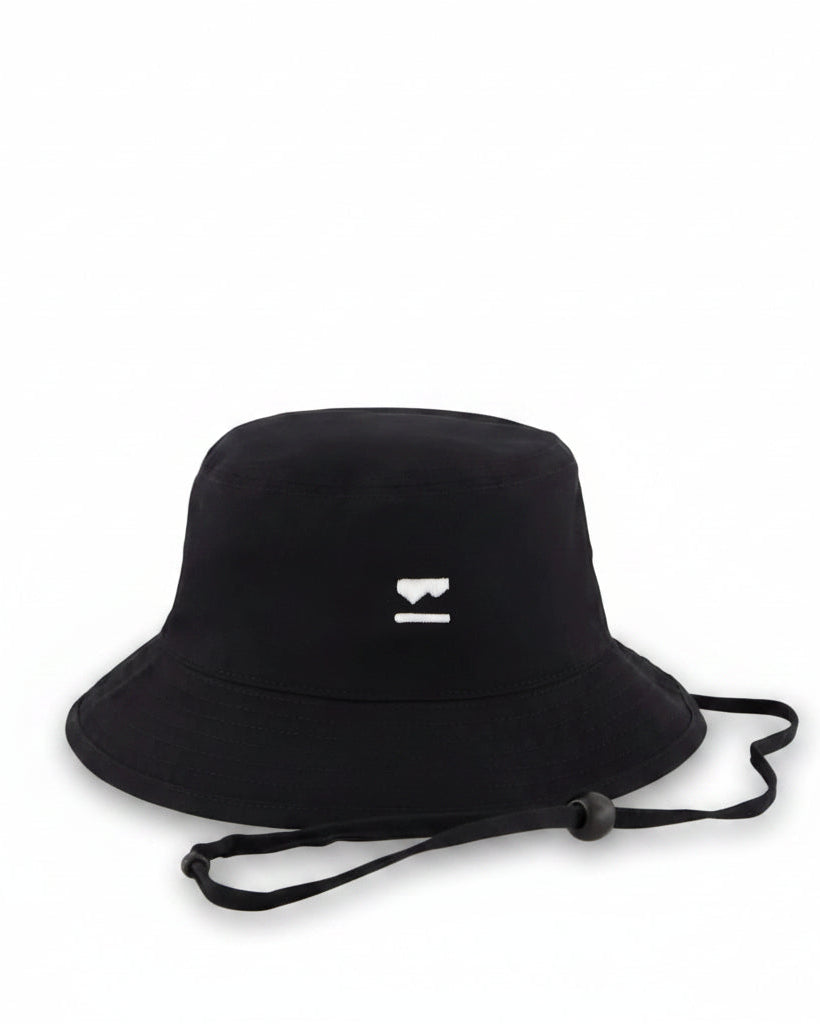 Black bucket hat with Mons Royale Logo on a white background