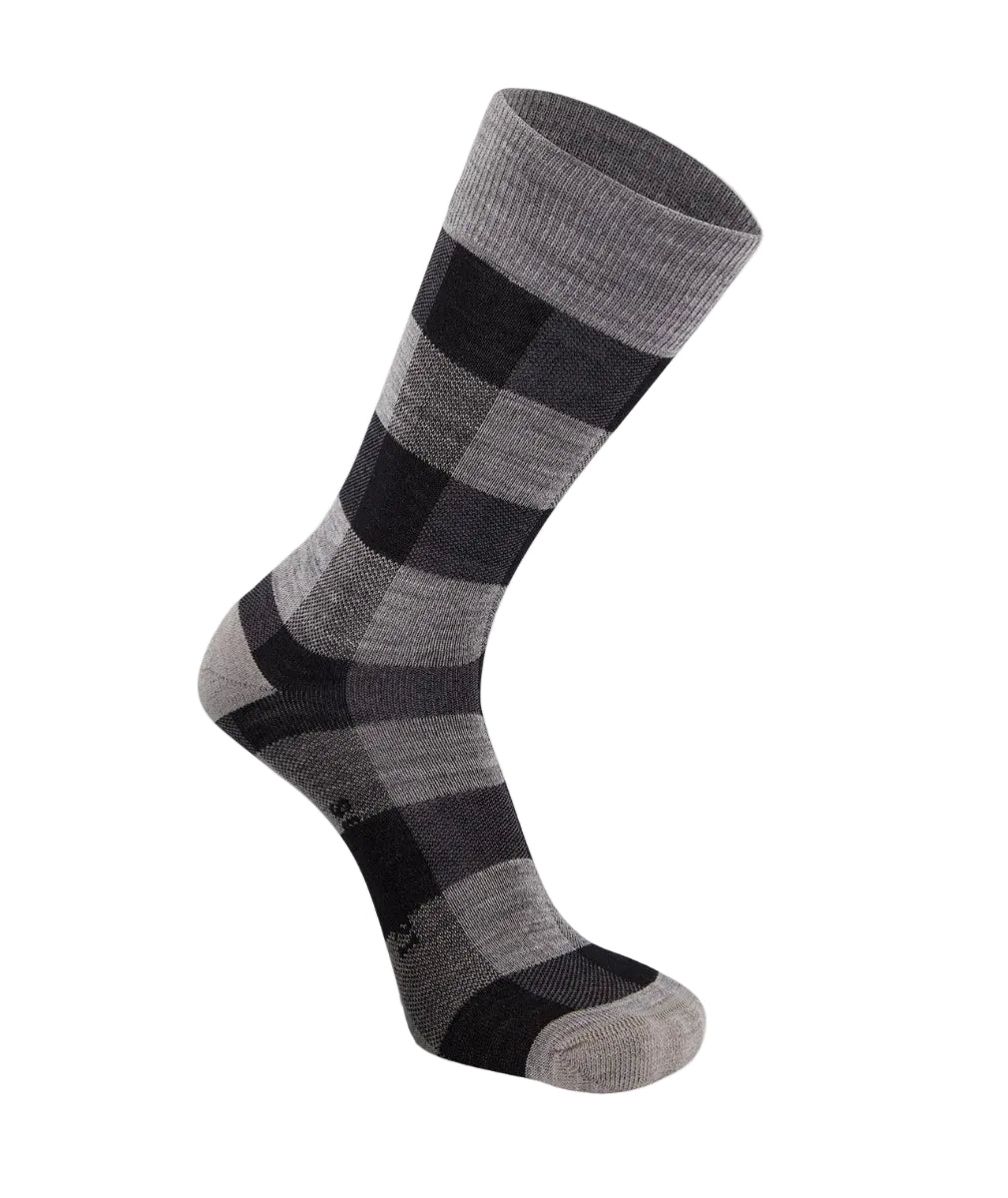 Gray and black checkered sock on a white background