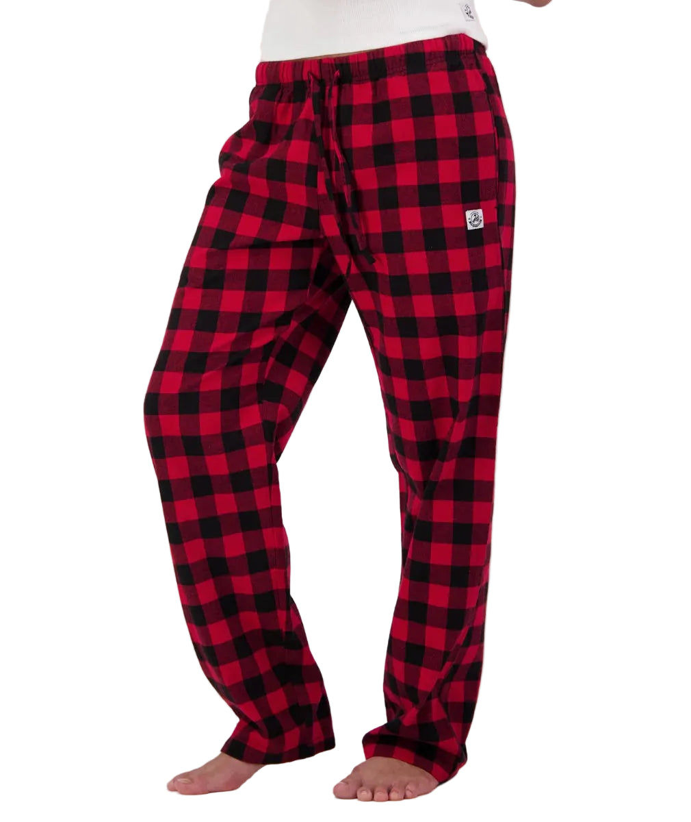 Red and black checkered pajama pants on a white background